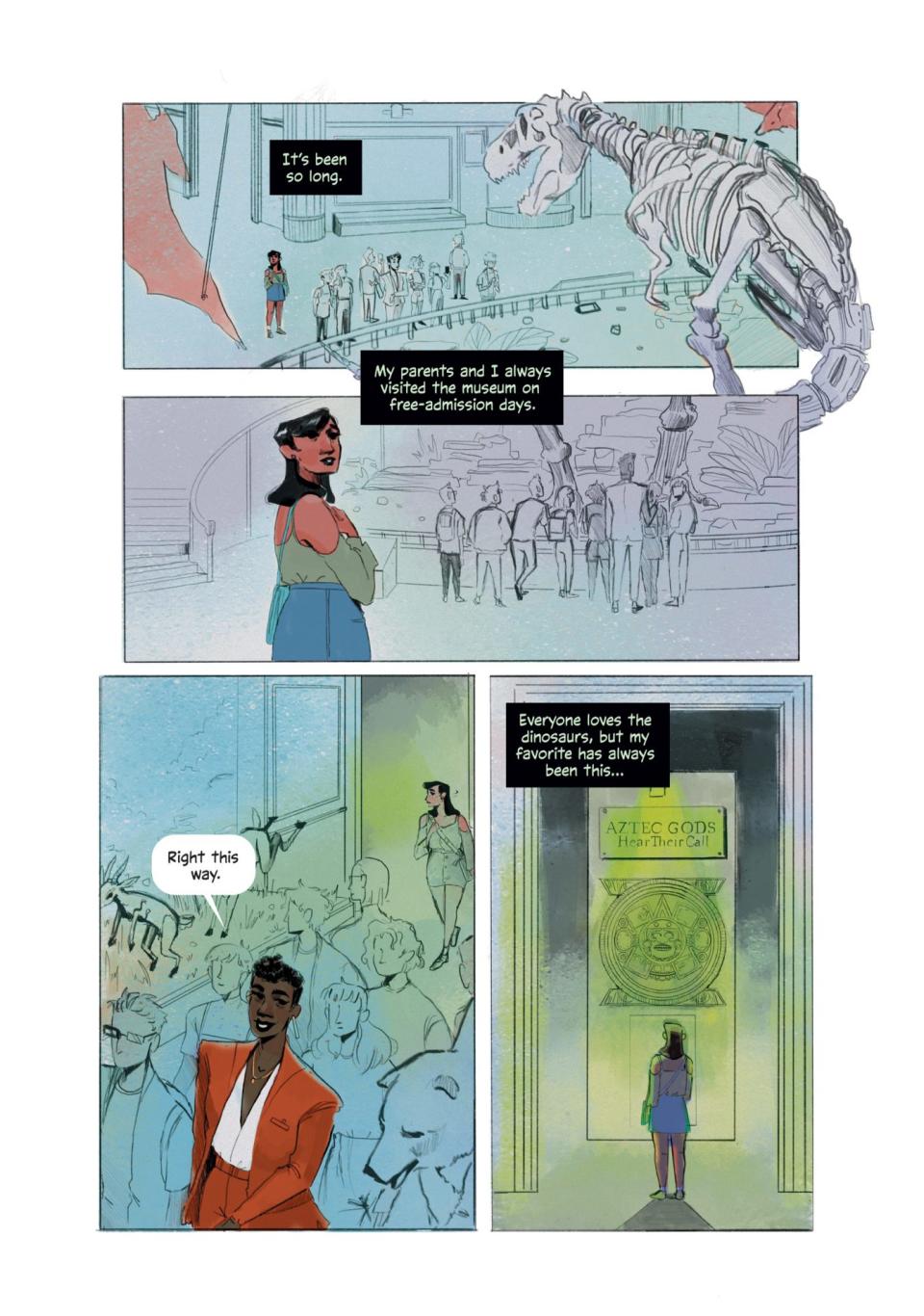 A page from Unearthed shows Jessica Cruz in a museum with her school in Coast City