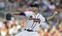 Atlanta Braves pitcher Drew Smyly works against the St. Louis Cardinals in the first inning of the second baseball game of a doubleheader Sunday, June 20, 2021, in Atlanta. (AP Photo/Ben Margot)