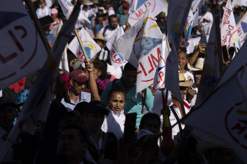 Supporters attend the Movement for the Liberation of the People or MLP, closing campaign rally, in Guatemala City, Thursday, June 22, 2023. Guatemalans go to the polls on June 25. (AP Photo/Moises Castillo)