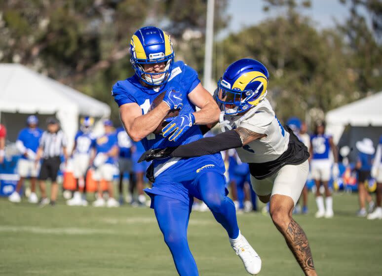 Irvine, CA - July 27: Rams wide receiver Cooper Kupp hauls in a pass during Rams training camp at UCI in Irvine Thursday, July 27, 2023. (Allen J. Schaben / Los Angeles Times)