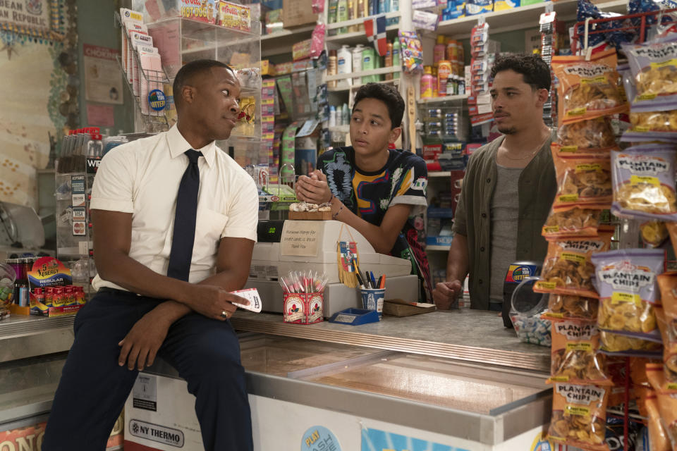 This image released by Warner Bros. Pictures shows Corey Hawkins, Gregory Diaz and Anthony Ramos in a scene from "In the Heights." (Macall Polay/Warner Bros. Pictures via AP)