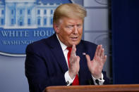 President Donald Trump speaks about the coronavirus in the James Brady Press Briefing Room of the White House, Friday, April 3, 2020, in Washington. (AP Photo/Alex Brandon)