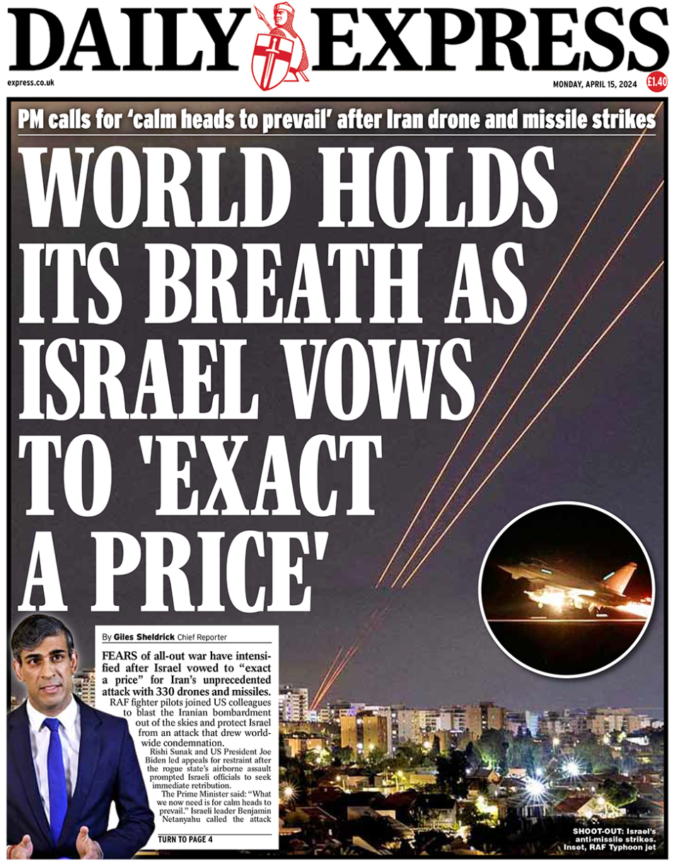 Daily Express headline reads: "World holds its breath as Israel vows to 'extract price'"