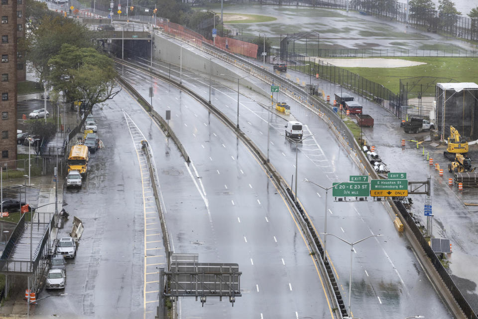 An empty stretch of the FDR highway in the Lower East Side of Manhattan is closed due to flash flooding on Friday, Sept. 29, 2023 in New York. A potent rush-hour rainstorm swamped the New York metropolitan area on Friday, shutting down some subways and commuter railroads, flooding streets and highways, and delaying flights into LaGuardia Airport. (AP Photo/Stefan Jeremiah)