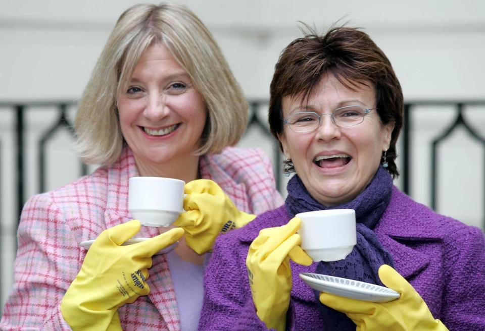 Victoria Wood (left) and Julie Walters pose for photographers during a photocall outside the Theatre Royal, Haymarket in London. The pair are discussing plans for their forthcoming musical based on Victoria's award-winning BBC sitcom 'Acorn Antiques'. Production is expected to enter the West End next year.   (Photo by Peter Jordan - PA Images/PA Images via Getty Images)