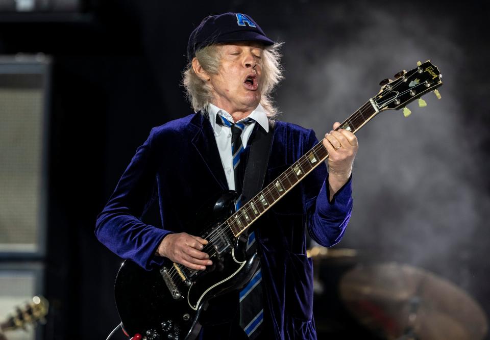 AC/DC lead guitarist Angus Young performs "Back In Black" during the Power Trip Music Festival at the Empire Polo Club in Indio, Calif., Saturday, Oct. 7, 2023.