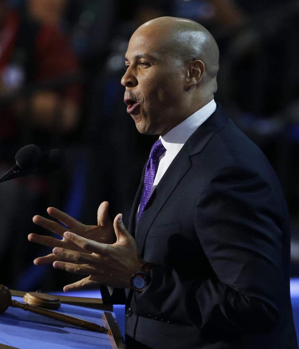 Newark Mayor Cory Booker speaks to delegates during the Democratic National Convention in Charlotte, N.C., on Tuesday, Sept. 4, 2012. (AP Photo/Lynne Sladky)