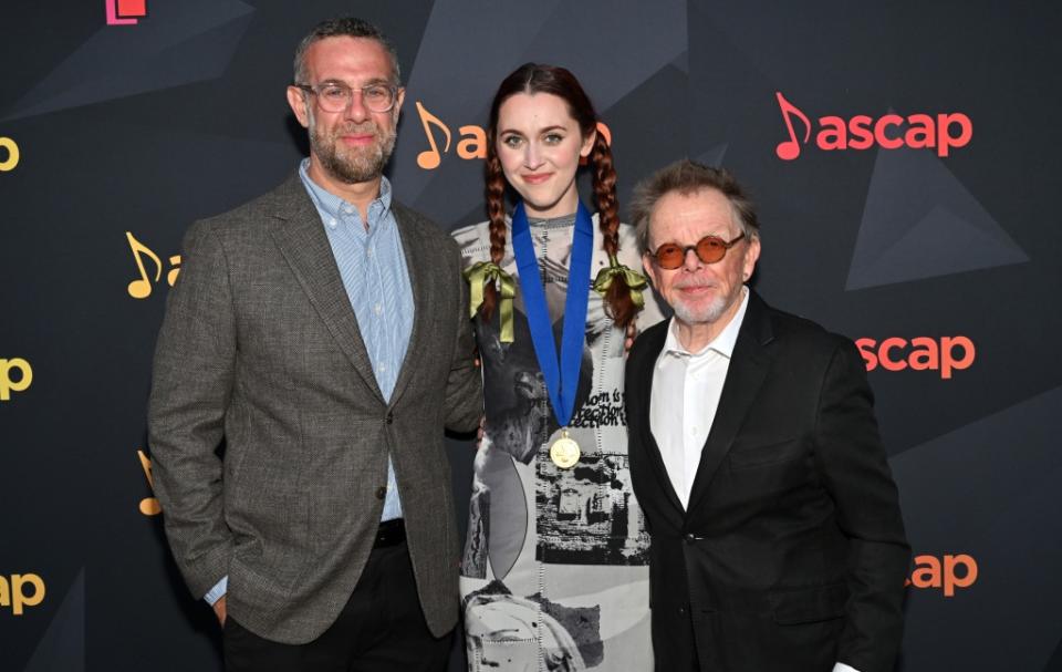 LOS ANGELES, CALIFORNIA - MAY 18: (L-R) Jason Silberman, AVP Pop/ Rock Membership, ASCAP, Em Beihold, and Paul Williams, President and Chairman of the Board, ASCAP attends the ASCAP 2023 Pop Music Awards Celebration at Yamashiro Hollywood on May 18, 2023 in Los Angeles, California. (Photo by Lester Cohen/Getty Images for ASCAP)