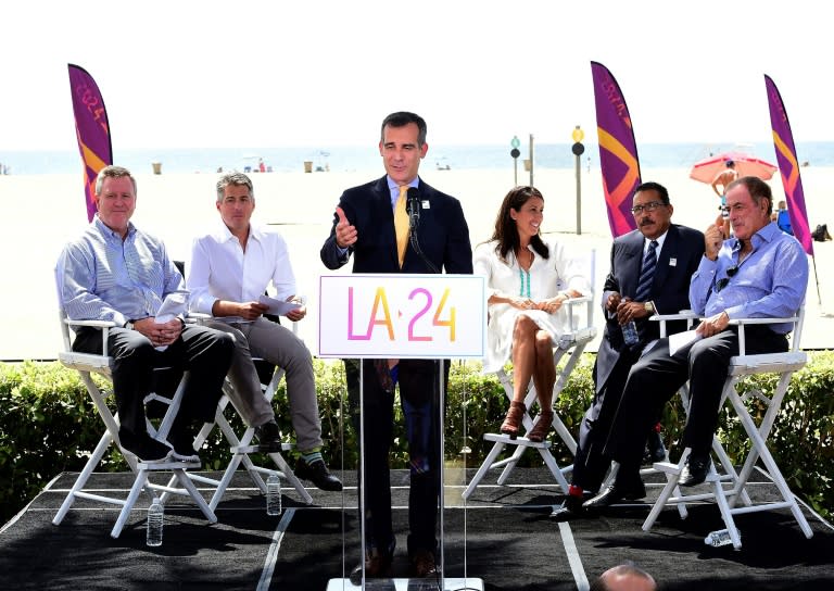 Los Angeles Mayor Eric Garcetti officially launches a Los Angeles 2024 Olympic and Paralympic games bid, at Annenberg Beach House in Santa Monica, California, in September 2015