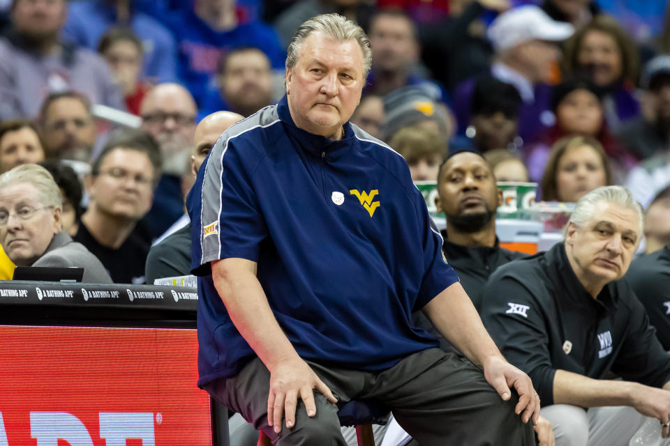 KANSAS CITY, MO - MARCH 09: West Virginia head coach Bob Huggins watches the run of play during the Big12 Tournament game between the Kansas Jayhawks and the West Virginia Mountaineers on Thursday March 9, 2023 at the T-Mobile Center in Kansas City, MO.  (Photo by Nick Tre. Smith/Icon Sportswire via Getty Images)