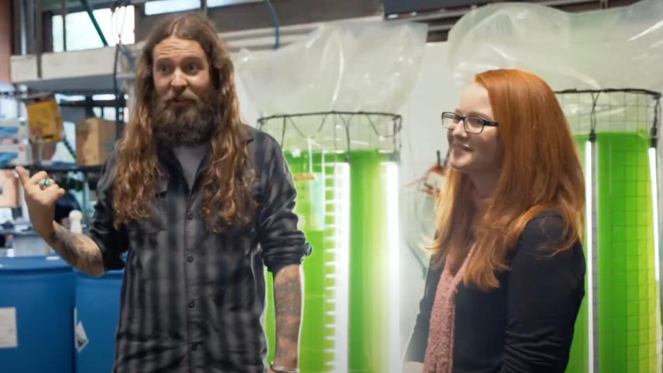 A man and a woman stand in front of two tanks full of algae, which are housed inside of a brewery.