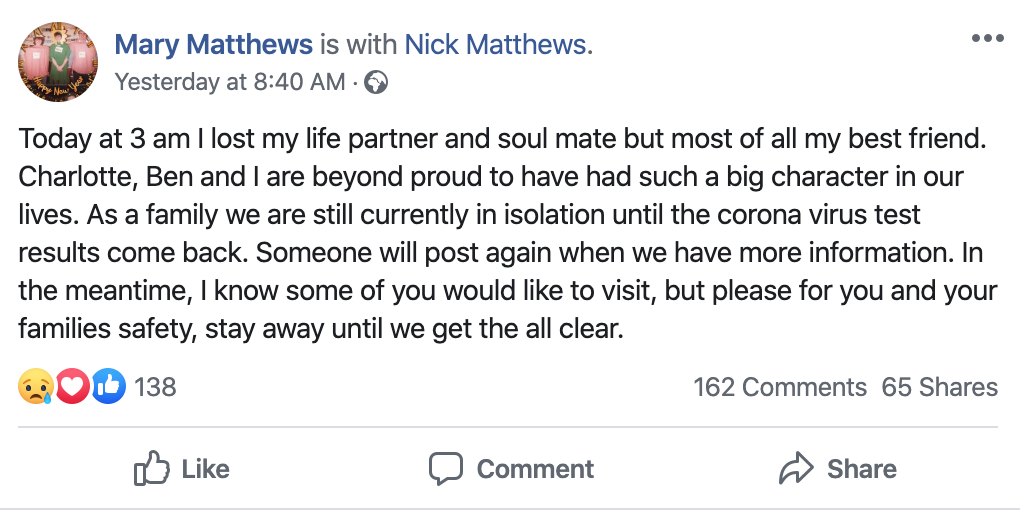Mary Matthews paid tribute to husband Nick via Facebook. (Picture: Facebook)