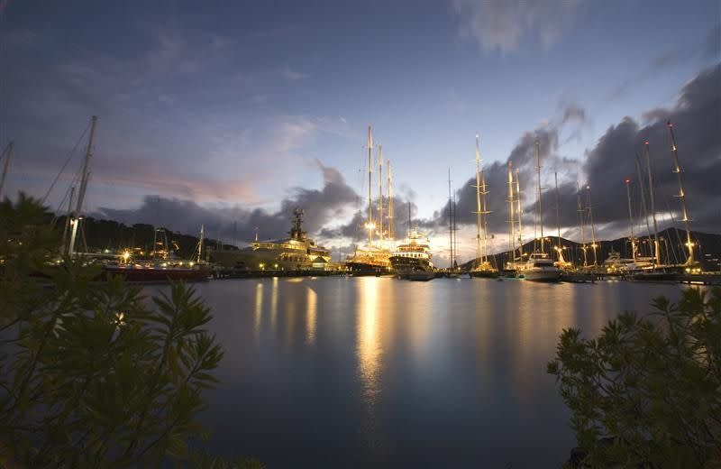 Boats are seen at night at English Harbour near Falmouth Harbour, Antigua.