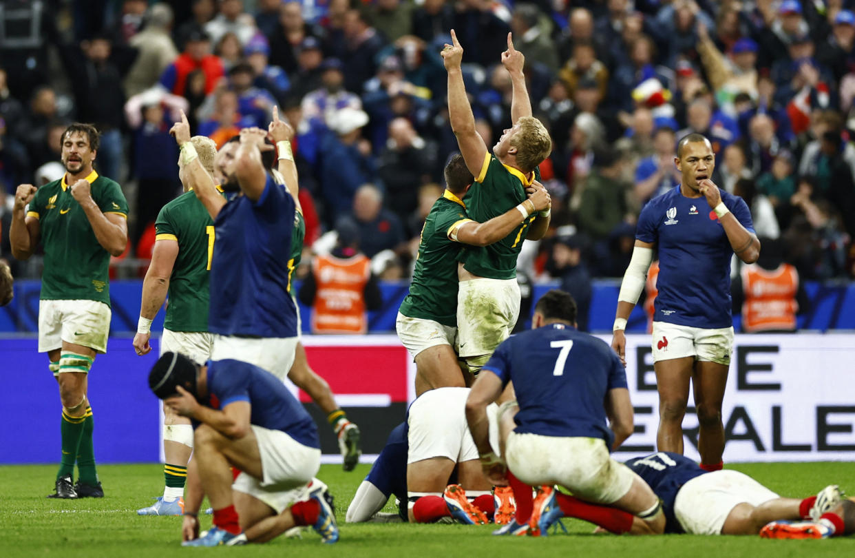 South Africa's Pieter-Steph du Toit and teammates celebrate as the Springboks book their Rugby World Cup semi-final place at the expense of hosts France (Reuters via Beat Media Group subscription)