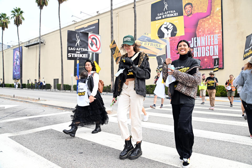 LOS ANGELES, CALIFORNIA - OCTOBER 10: A group of strikers attend the SAG-AFTRA picket lines on October 10, 2023 in Los Angeles, California. The WGA (Writers Guild of America) has reached a deal with Hollywood studios after 146 days on strike, ending their strike at midnight on September 27. Members of SAG-AFTRA and WGA (Writers Guild of America) walked out in their first joint strike against the studios since 1960, shutting down a majority of Hollywood productions. SAG-AFTRA has not reached a deal with the studios and has been on strike since July 14. (Photo by Michael Tullberg/Getty Images)