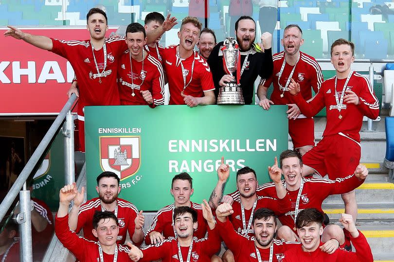 Enniskillen Rangers celebrate winning 2017 Irish Junior Cup at Windsor Park