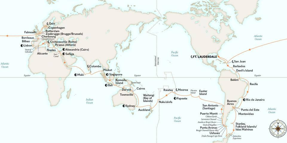 map of world cruise itinerary
