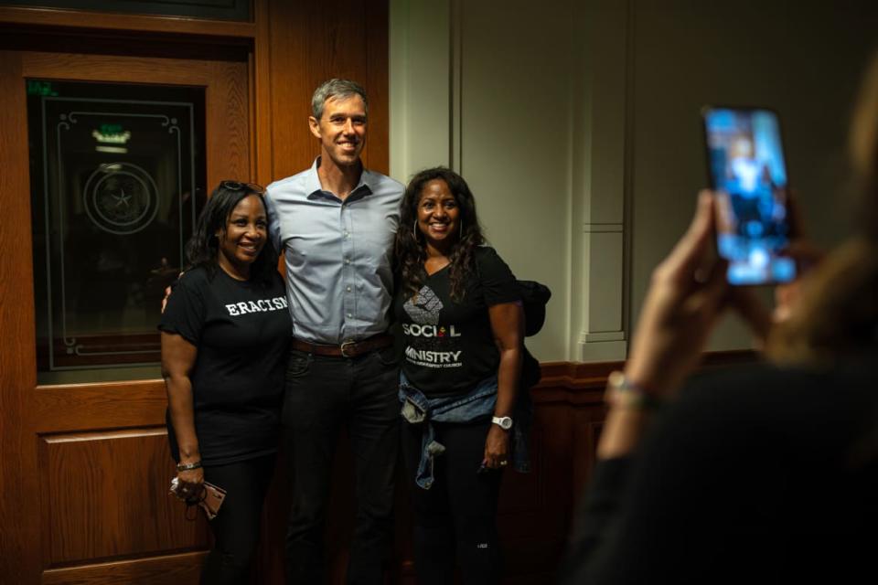 <div class="inline-image__caption"><p>Beto O'Rourke stands with others waiting to testify at the State House on Saturday.</p></div> <div class="inline-image__credit">Tamir Kalifa/Getty</div>