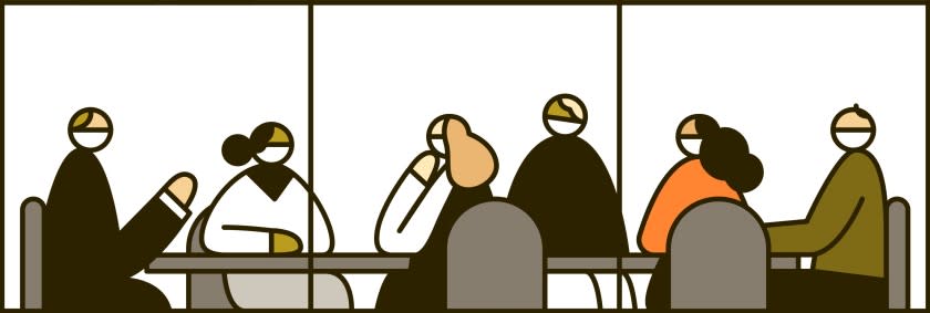 An illustration of window looking in on a group of people around a boardroom table.