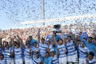 Argentina team player celebrates their Rugby Championship match victory over Australia, at the Bicentenario stadium in San Juan, Argentina, Saturday, Aug. 13, 2022. (AP Photo/Natacha Pisarenko)