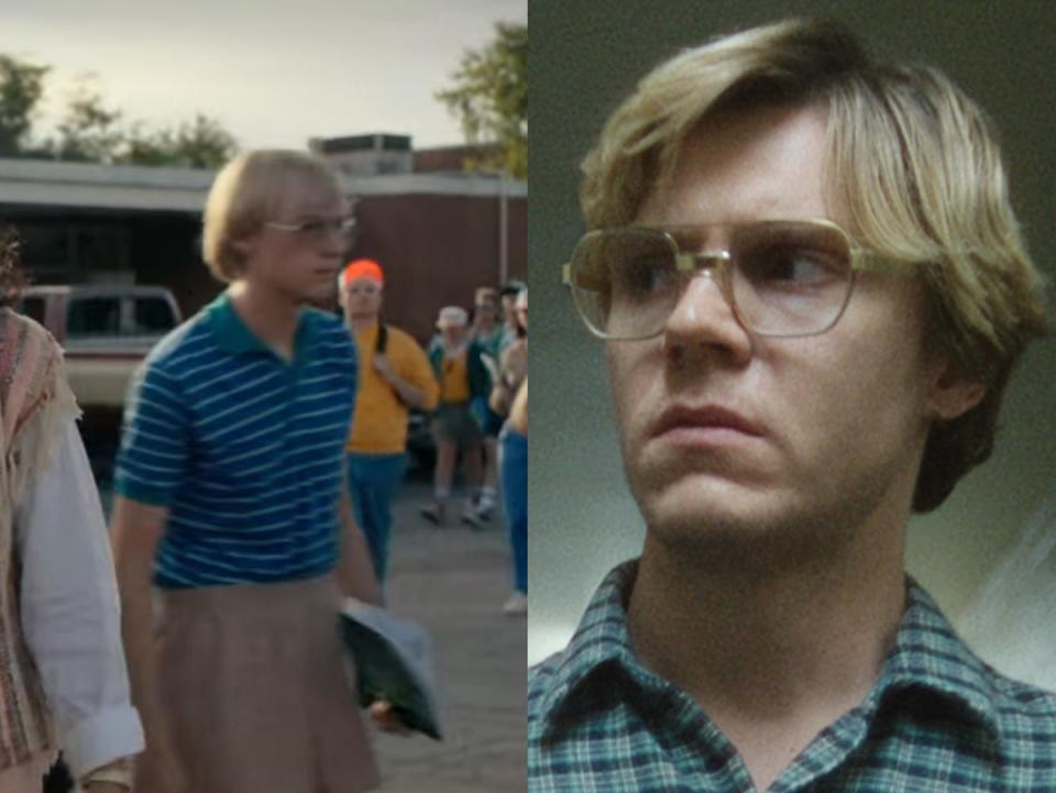 The background actor in ‘Stranger Things’ (left), and Evan Peters as Jeffrey Dahmer in ‘Dahmer’ (right) (Netflix)