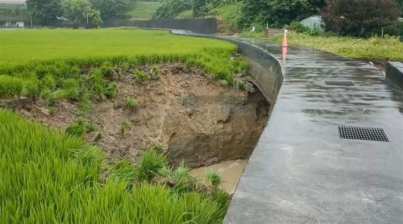 苗栗竹南鎮公義里一處農田出現巨大「天坑」，直徑30公尺、深約兩層樓高。(圖／翻攝畫面)