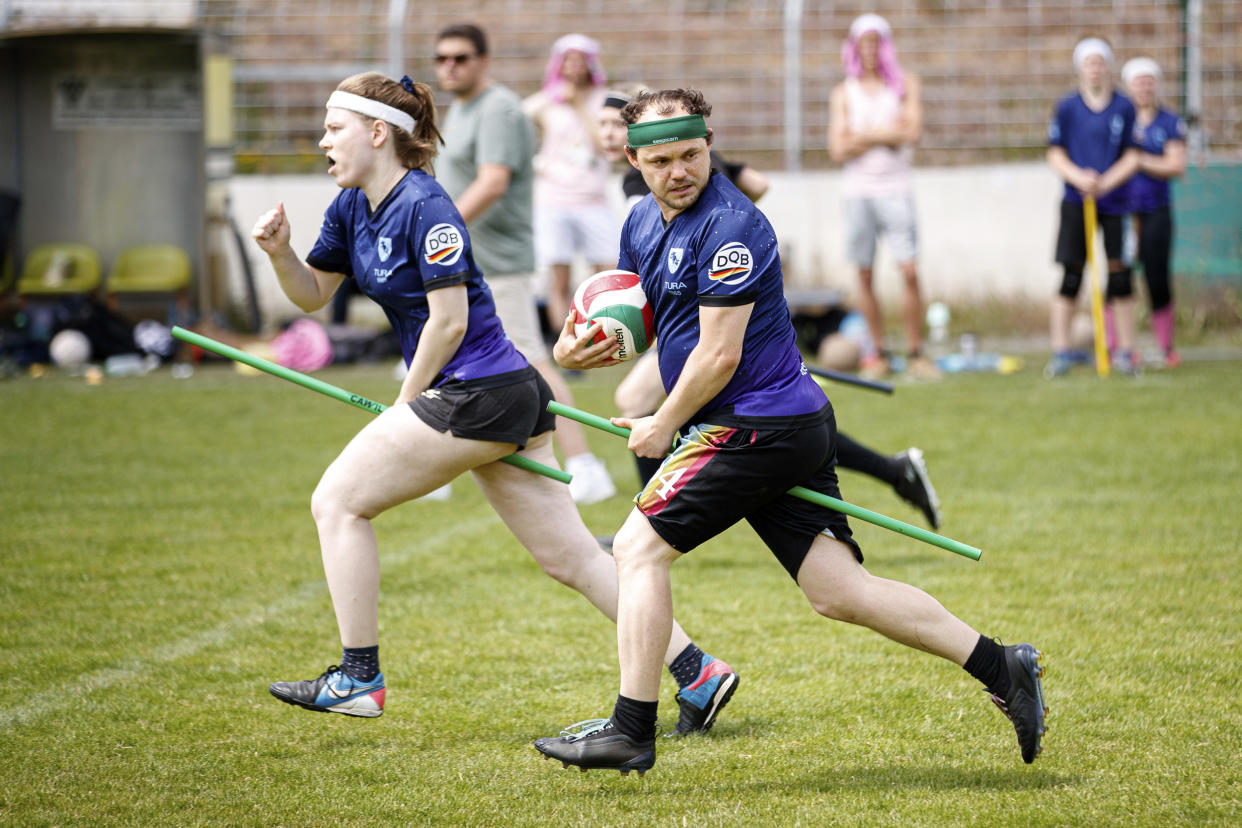 Quidditch players in Hanover, Germany, last month. (Michael Matthey/dpa via AP)