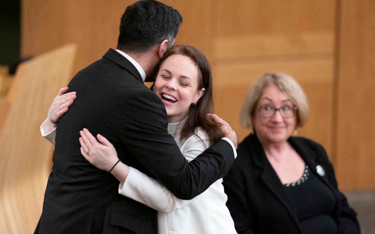 Humza Yousaf hugs Kate Forbes during the vote for the new First Minister at the Scottish Parliament in Edinburgh - Jane Barlow/PA Wire