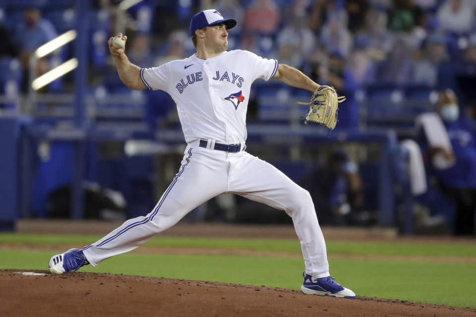 Toronto Blue Jays starting pitcher Ross Stripling throws against the Los Angeles Angels during the third inning of a baseball game Thursday, April 8, 2021, in Dunedin, Fla. (AP Photo/Mike Carlson)