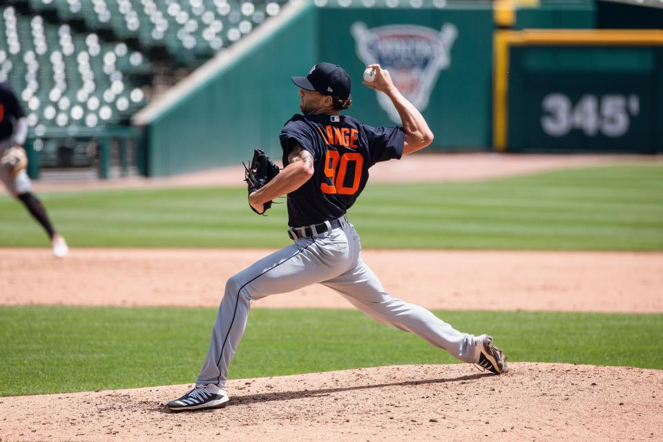 Detroit Tigers right-hander Alex Lange throws in an intrasquad scrimmage July 20, 2020, during summer camp at Comerica Park.