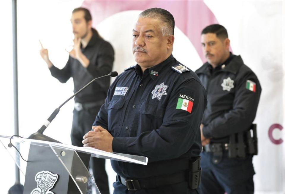 Juárez Police Chief Cesar Omar Muñoz Morales speaks about the migrant situation in his border city during a Monday news conference with the mayor.