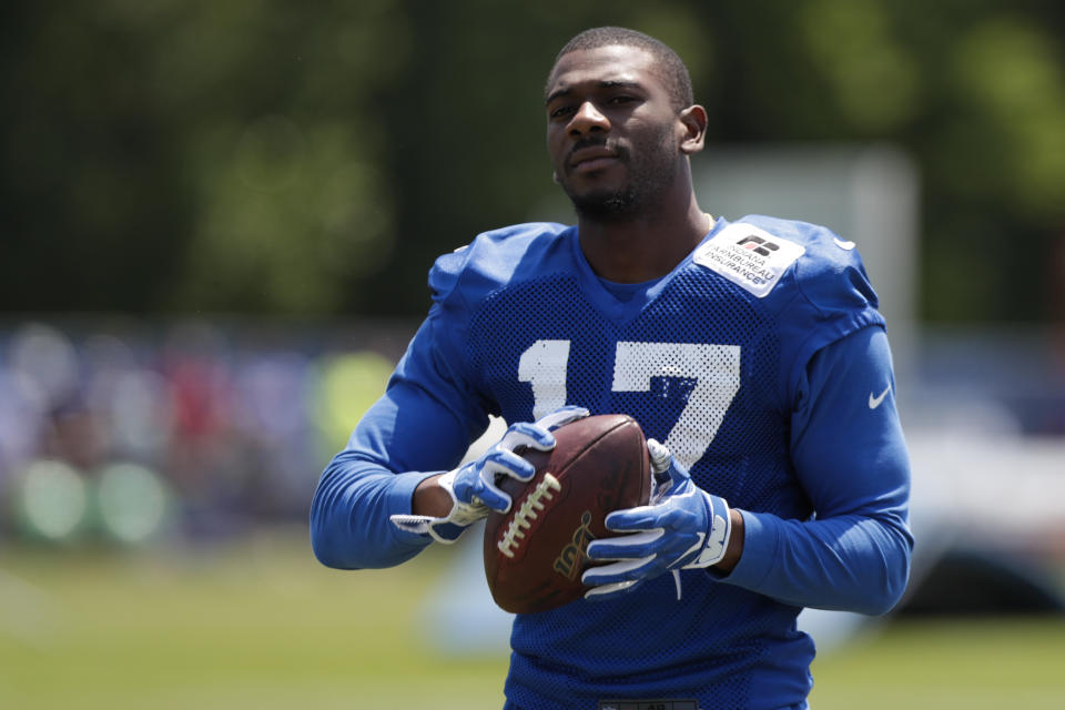 FILE - In this Thursday, July 25, 2019 file photo, Indianapolis Colts wide receiver Devin Funchess (17) runs a drill during practice at the NFL team's football training camp in Westfield, Ind. The Green Bay Packers announced the signing of Funchess on April 2. Packers wide receiver Devin Funchess is opting out of playing this season in a move he calls one of the most difficult decisions he’s ever made. Funchess’ exit leaves Green Bay without its only major offseason addition to their receiving corps. (AP Photo/Michael Conroy, File)