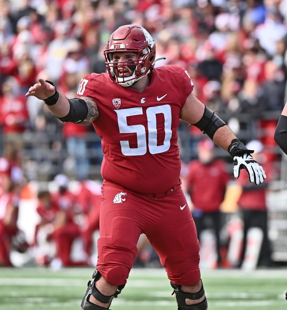 Oct 23, 2021; Pullman, Washington, USA; Washington State Cougars offensive lineman Brian Greene (50) during a game against the Brigham Young Cougars in the second half at Gesa Field at Martin Stadium.