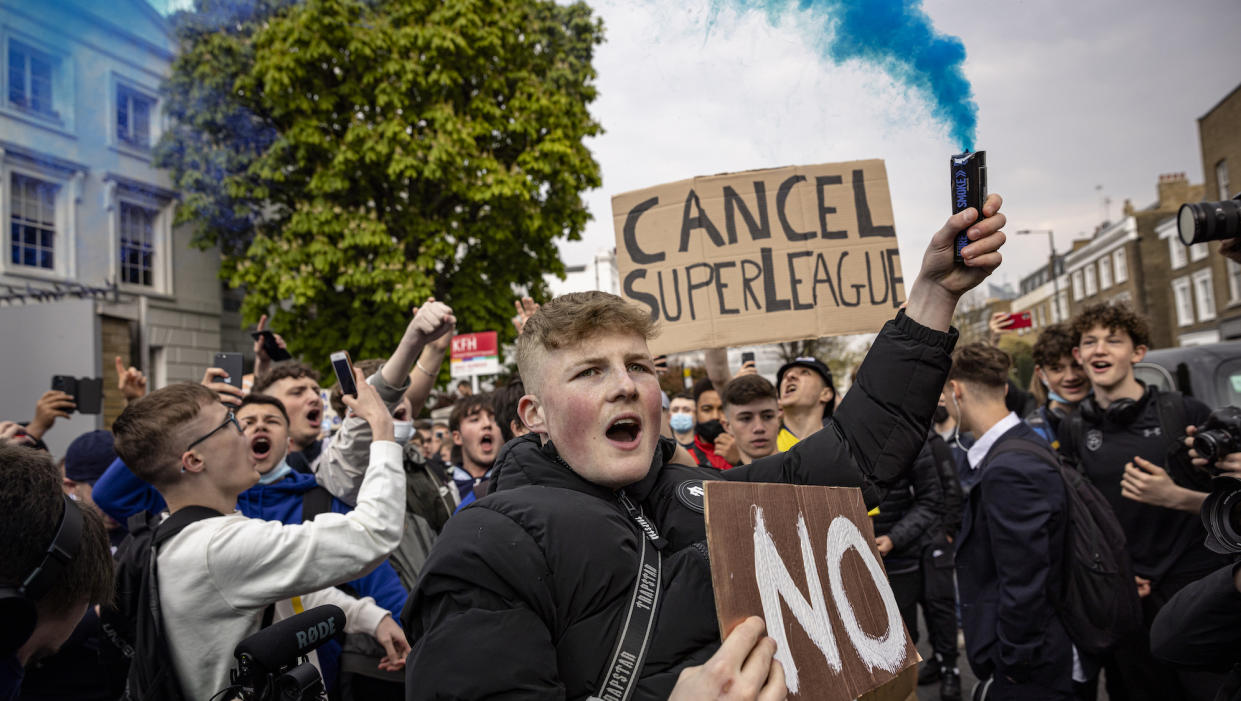  Fans protest the European Super League idea in 2021. 