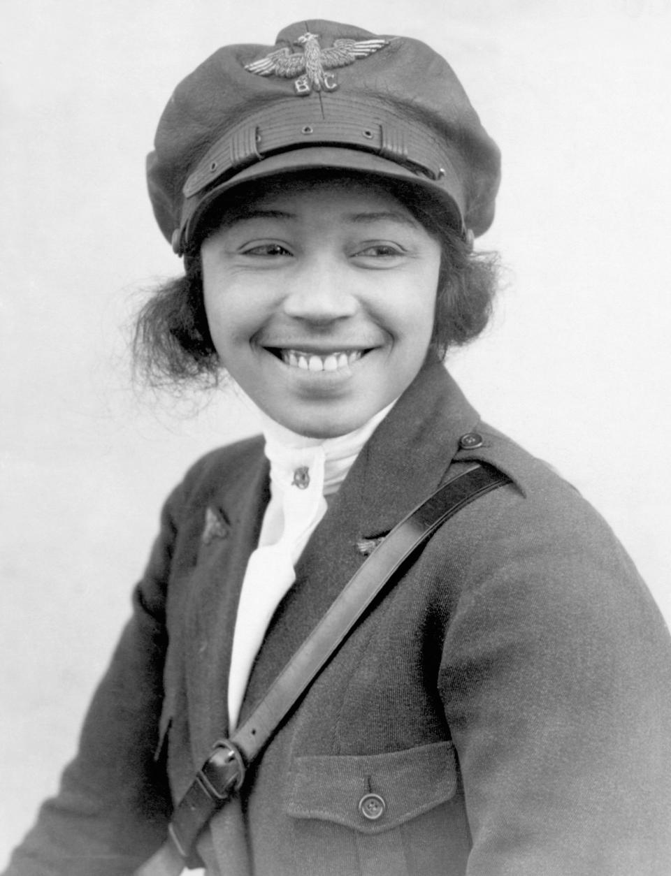 Photographic portrait of Bessie Coleman in pilot's uniform