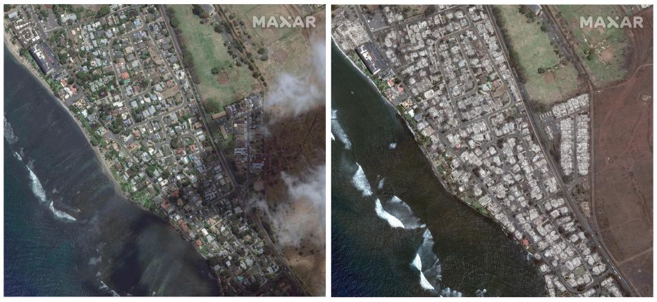 This combination of satellite images provided by Maxar Technologies shows an overview of southern Lahaina on Maui, Hawaii, on June 25, 2023, left, and an overview of the same area on Wednesday, Aug. 9, following a wildfire that tore through the heart of the Hawaiian island. (Maxar Technologies via AP)