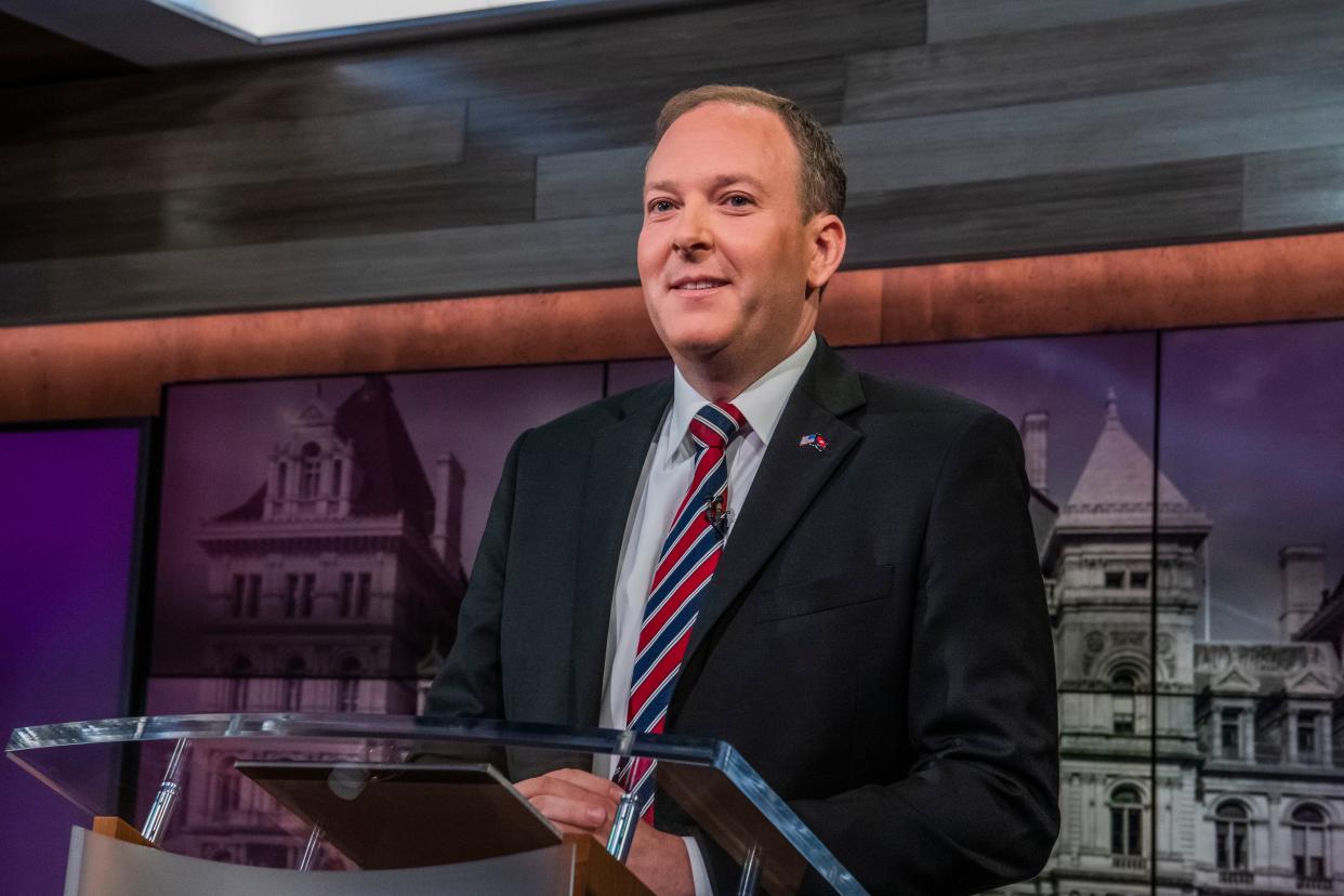 Rep. Lee Zeldin during New York's Republican gubernatorial debate at the studios of Spectrum News NY1 on Monday.
