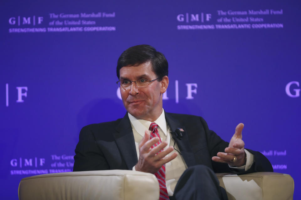 U.S. Secretary for Defense Mark Esper speaks during a panel discussion at the Concert Noble in Brussels, Thursday, Oct. 24, 2019. U.S. Secretary for Defense Mark Esper spoke at the event ahead of a two-day NATO defense ministers meeting which will be held at NATO headquarters in Brussels. (AP Photo/Francisco Seco, Pool)
