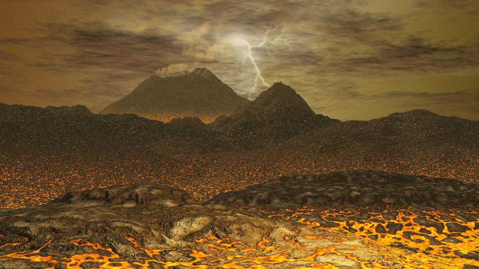 An artist's illustration of the surface of Venus shows a hot, barren landscape with a volcanic feature in the background and a lightning strike from the thick, foggy atmosphere.