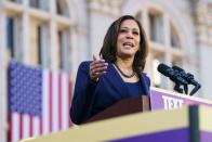 <p>At her launch rally, Harris paired her all-blue suit with a string of her often-worn black pearls.</p>