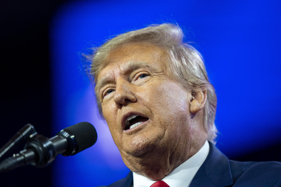 FILE - Former President Donald Trump speaks at the Conservative Political Action Conference, CPAC 2023, March 4, 2023, at National Harbor in Oxon Hill, Md. Trump will deliver remarks Tuesday, April 4, in Florida after his scheduled arraignment in New York on charges related to hush money payments, his campaign announced Sunday. (AP Photo/Alex Brandon, File)