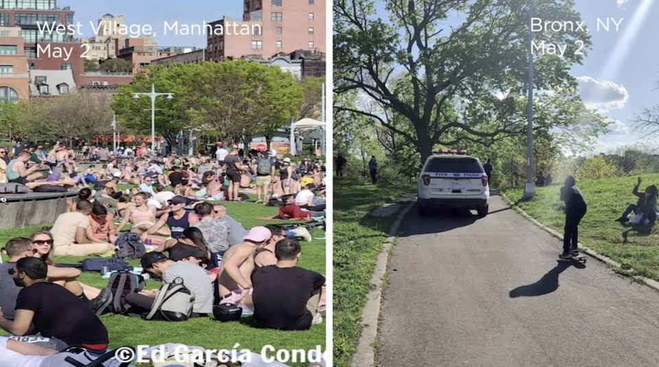 Blogger Ed García Conde, who runs the Instagram page Welcome2TheBronx, captured contrasting park photos on May 2 that show differences in how the NYPD is enforcing social distancing. One photo shows a packed Christopher Street Pier, located on the edge of Greenwich Village, with no police in sight. The other shows a police van patrolling St. Mary’s Park in the Bronx, the borough’s largest park.
