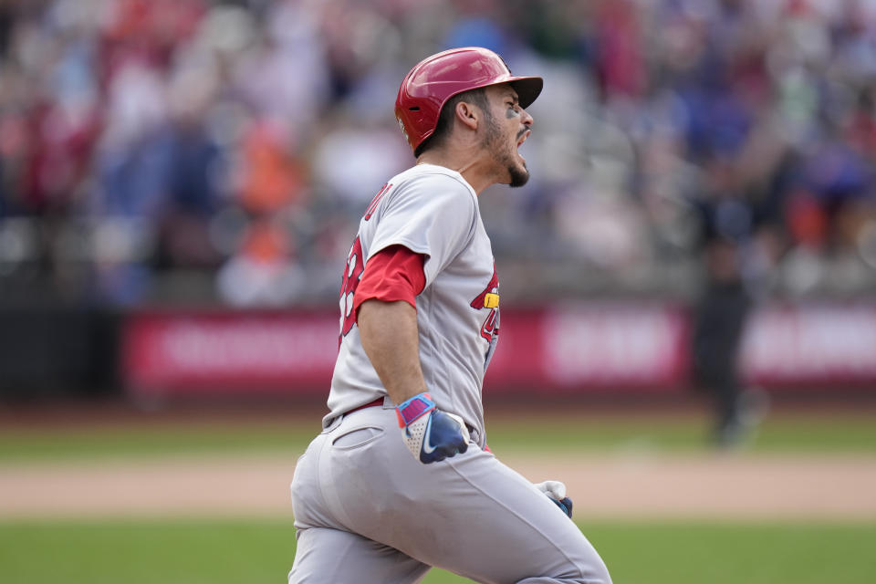 St. Louis Cardinals' Nolan Arenado reacts after hitting a solo home run during the ninth inning of a baseball gam against the New York Mets at Citi Field, Sunday, June 18, 2023, in New York. (AP Photo/Seth Wenig)