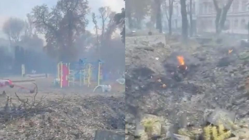 基輔最熱鬧的公園也遭砲擊。（圖／翻攝自推特）