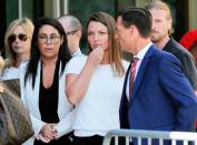 Alleged victim Courtney Wild stands outside the courthouse ahead of a bail hearing in U.S. financier Jeffrey Epstein's sex trafficking case in New York City