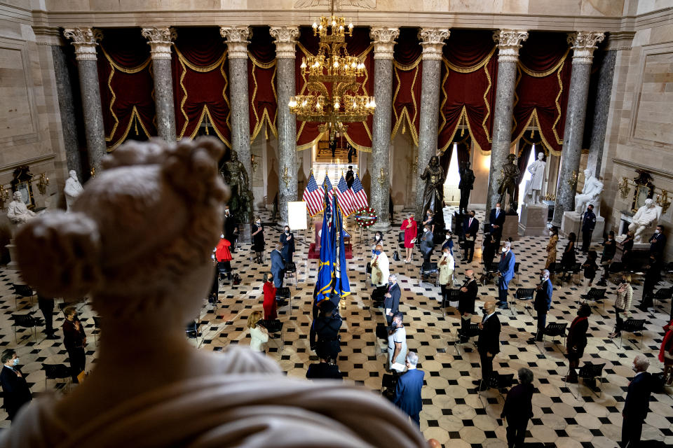 People attend a Celebration of Life for Rep. Alcee Hastings, D-Fla., in Statuary Hall on Capitol Hill in Washington, Wednesday, April 21, 2021. Hastings died earlier this month, aged 84, following a battle with pancreatic cancer. (Stefani Reynolds/Pool via AP)