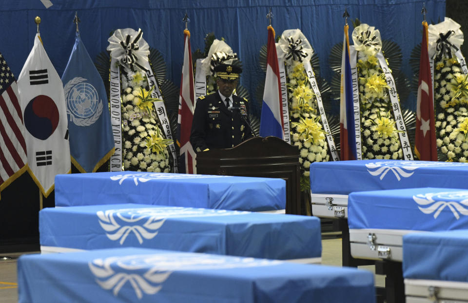 U.S. General Vincent Brooks, commander of the United Nations Command, U.S. Forces Korea, and Combined Forces Command, speaks during a repatriation ceremony for the remains of U.S. soldiers killed in the Korean War and collected in North Korea, at the Osan Air Base in Pyeongtaek, South Korea on Wednesday, Aug. 1, 2018. (Jung Yeon-je/Pool Photo via AP)