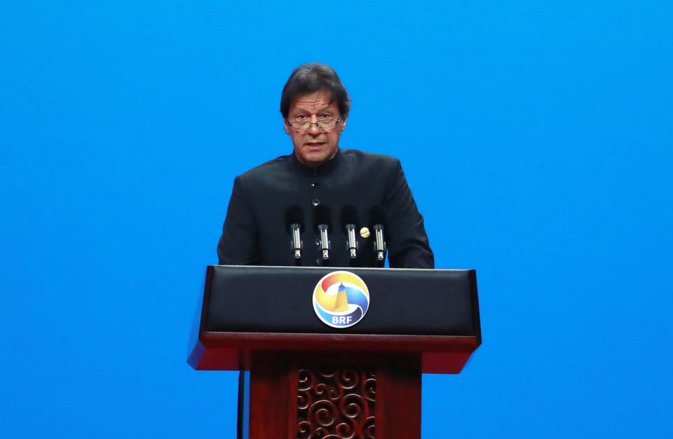 Pakistani Prime Minister Imran Khan delivers his speech for the opening ceremony of the second Belt and Road Forum for International Cooperation (BRF) on Friday, April 26, 2019, in Beijing. (How Hwee Young/Pool Photo via AP)