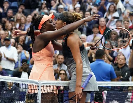 Sept 9, 2017; New York, NY, USA; Sloan Stephens of the USA after beating Madison Keys of the USA in the Women's Final in Ashe Stadium at the USTA Billie Jean King National Tennis Center. Mandatory Credit: Robert Deutsch-USA TODAY Sports