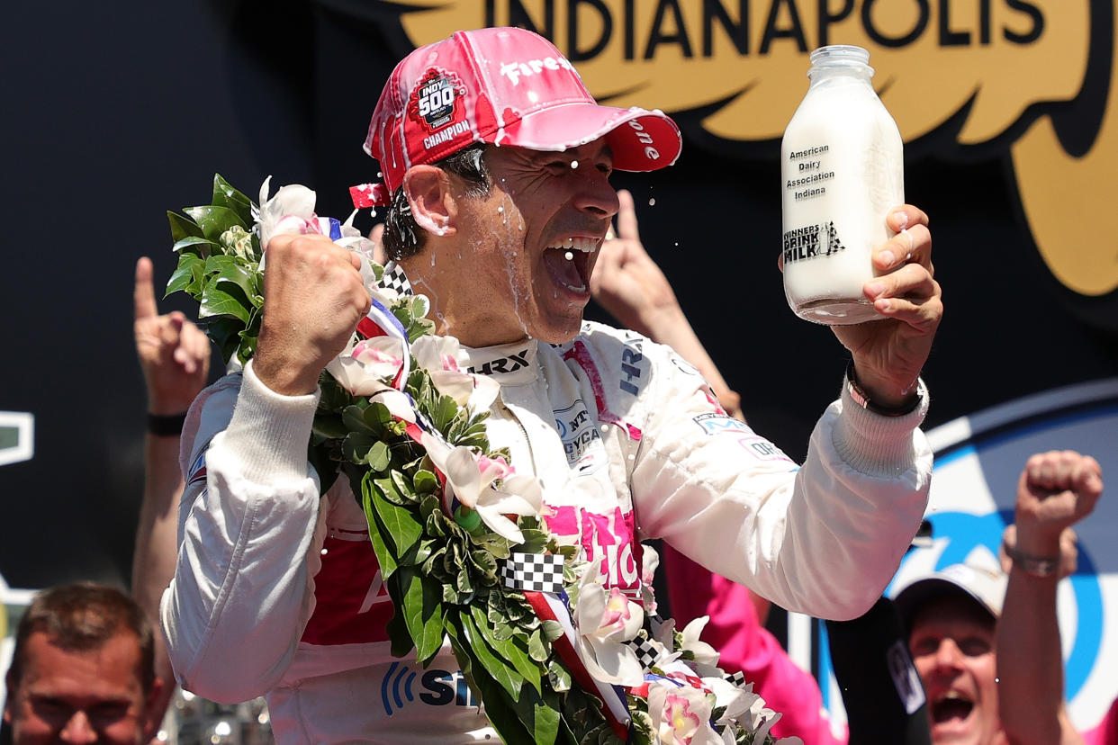 INDIANAPOLIS, INDIANA - MAY 30: Helio Castroneves of Brazil, driver of the #06 AutoNation/SiriusXM Meyer Shank Racing Honda, celebrates after winning the 105th running of the Indianapolis 500 at Indianapolis Motor Speedway on May 30, 2021 in Indianapolis, Indiana. (Photo by Stacy Revere/Getty Images)